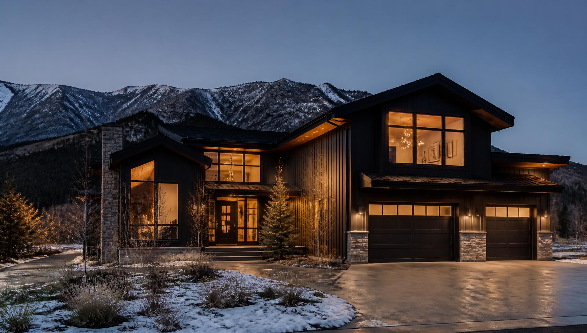 Modern custom home at dusk in the Alberta foothills built by Symphony Development Partners